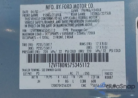 2007 Ford Mustang V6 Deluxe/V6 Premium из США, поврежденный, VIN 1ZVFT80N575345112